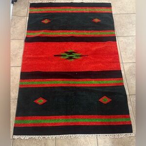 Vibrant Turkish Moroccan Green Red Green, black Patterned Reversible Rug.